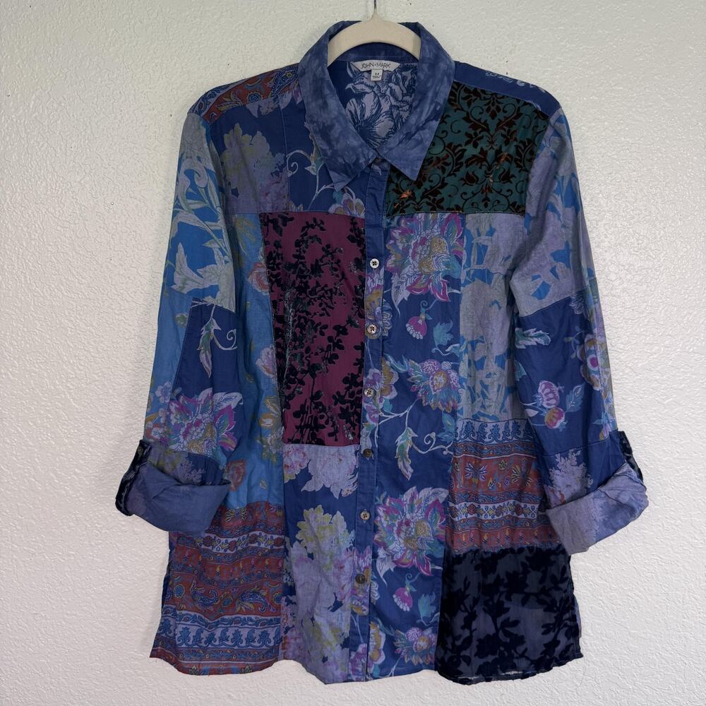 John Mark Top Women Medium Patchwork Floral Button Front Tunic Boho Artsy Shirt